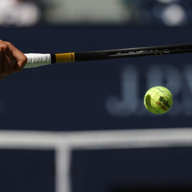 Sep 4, 2021; Flushing, NY, USA; Novak Djokovic of Serbia bounces a ball prior to serving against Kei Nishikori of Japan (not pictured) on day six of the 2021 U.S. Open tennis tournament at USTA Billie Jean King National Tennis Center. Mandatory Credit: Geoff Burke-USA TODAY Sports